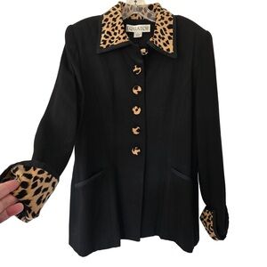Vintage Equator Black Blazer Jacket Leopard Trim | Made in USA | Size L